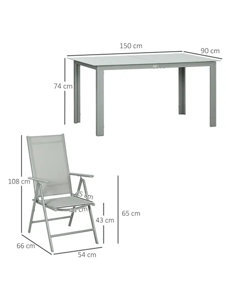 Outsunny 7 Piece Garden Dining Set, Outdoor Table and 6 Folding and Reclining Chairs, Aluminium Frame, Tempered Glass Top Table,