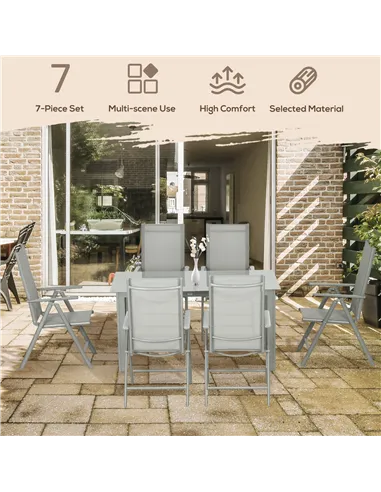 Outsunny 7 Piece Garden Dining Set, Outdoor Table and 6 Folding and Reclining Chairs, Aluminium Frame, Tempered Glass Top Table,