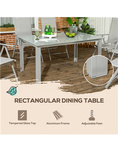 Outsunny 7 Piece Garden Dining Set, Outdoor Table and 6 Folding and Reclining Chairs, Aluminium Frame, Tempered Glass Top Table,