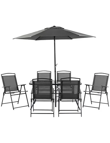 Outsunny Eight-Piece Garden Dining Set, with Chairs, Table and Parasol - Black