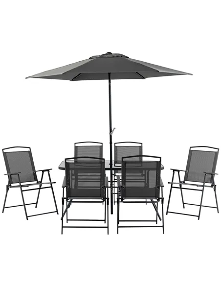 Outsunny Eight-Piece Garden Dining Set, with Chairs, Table and Parasol - Black