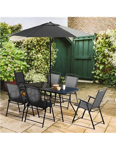 Outsunny Eight-Piece Garden Dining Set, with Chairs, Table and Parasol - Black