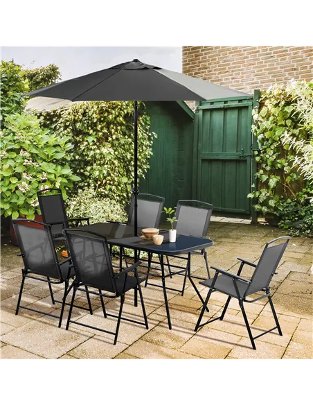 Outsunny Eight-Piece Garden Dining Set, with Chairs, Table and Parasol - Black