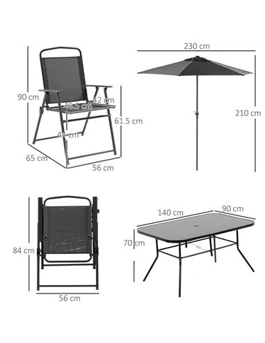Outsunny Eight-Piece Garden Dining Set, with Chairs, Table and Parasol - Black