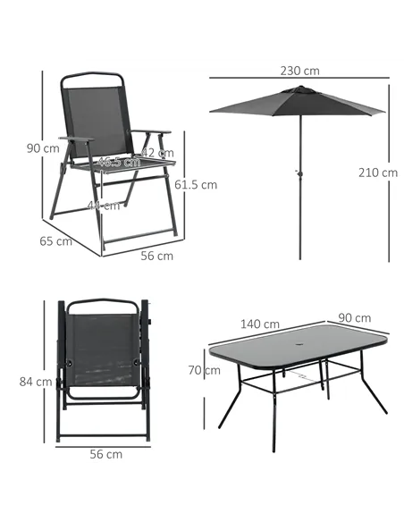 Outsunny Eight-Piece Garden Dining Set, with Chairs, Table and Parasol - Black