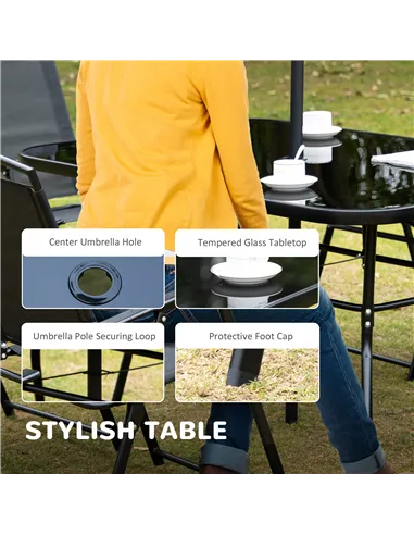 Outsunny Eight-Piece Garden Dining Set, with Chairs, Table and Parasol - Black