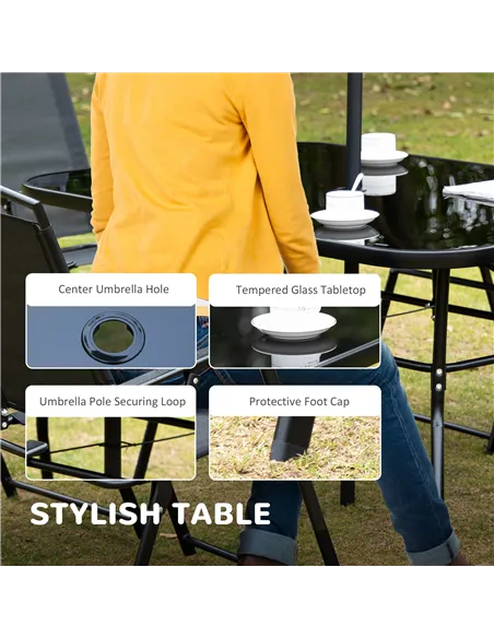 Outsunny Eight-Piece Garden Dining Set, with Chairs, Table and Parasol - Black