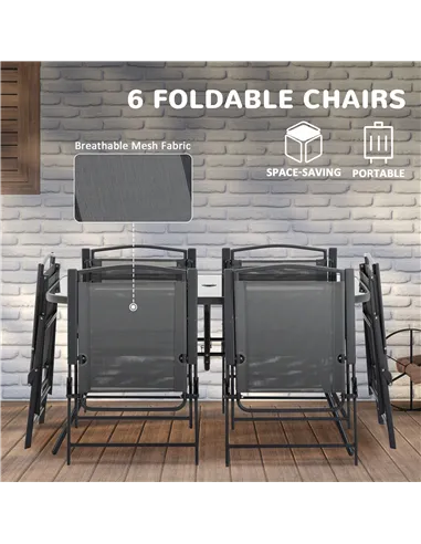 Outsunny Eight-Piece Garden Dining Set, with Chairs, Table and Parasol - Black