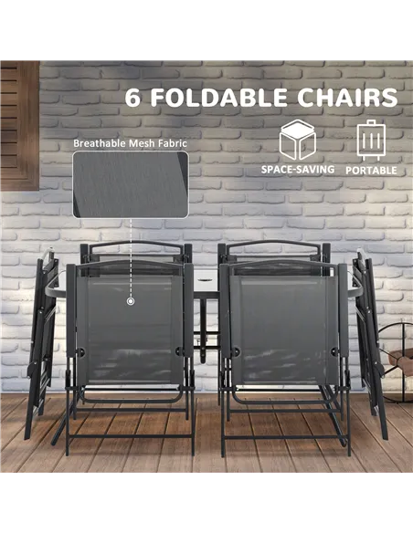 Outsunny Eight-Piece Garden Dining Set, with Chairs, Table and Parasol - Black