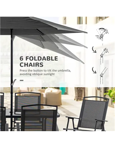 Outsunny Eight-Piece Garden Dining Set, with Chairs, Table and Parasol - Black