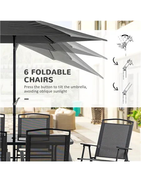 Outsunny Eight-Piece Garden Dining Set, with Chairs, Table and Parasol - Black