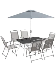 Outsunny Eight-Piece Garden Dining Set, with Chairs, Table and Parasol - Grey