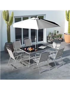 Outsunny Eight-Piece Garden Dining Set, with Chairs, Table and Parasol - Grey 2