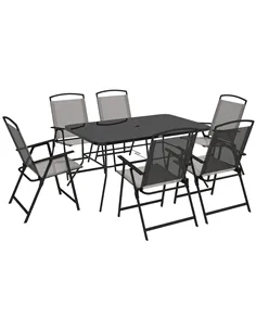 Outsunny Seven-Piece Garden Dining Set, with Glass-Top Table and Folding Chairs - Grey