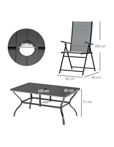 Outsunny Seven-Piece Steel Outdoor Dining Set, with Parasol Hole - Grey