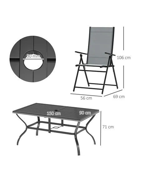 Outsunny Seven-Piece Steel Outdoor Dining Set, with Parasol Hole - Grey