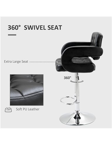 HOMCOM PU Leather Upholstered Swivel Bar Stool, Height Adjustable with Back, Armrest, Footrest, Black