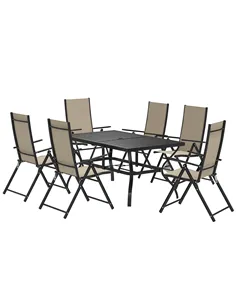 Outsunny Seven-Piece Steel Outdoor Dining Set, with Parasol Hole - Khaki