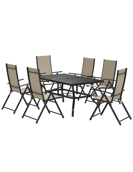 Outsunny Seven-Piece Steel Outdoor Dining Set, with Parasol Hole - Khaki
