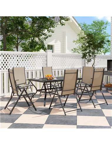 Outsunny Seven-Piece Steel Outdoor Dining Set, with Parasol Hole - Khaki