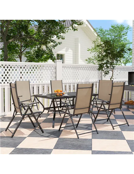 Outsunny Seven-Piece Steel Outdoor Dining Set, with Parasol Hole - Khaki