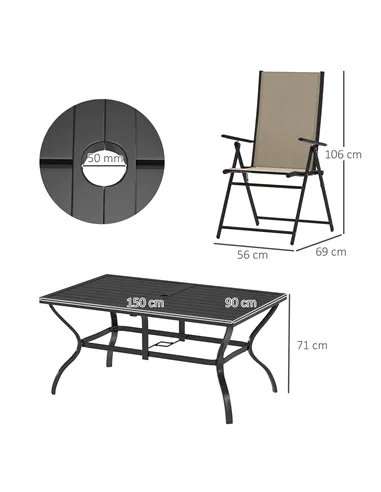 Outsunny Seven-Piece Steel Outdoor Dining Set, with Parasol Hole - Khaki