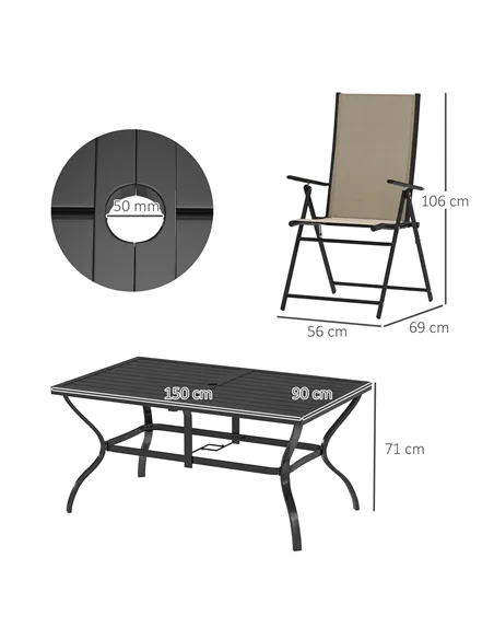Outsunny Seven-Piece Steel Outdoor Dining Set, with Parasol Hole - Khaki