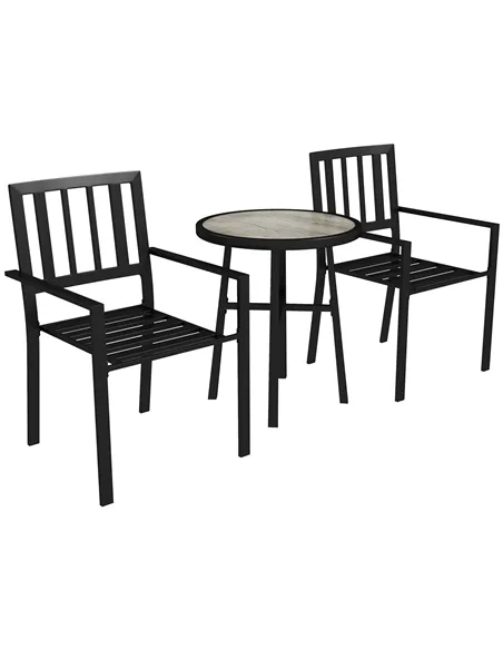 Outsunny 3 Piece Patio Bistro Set with Plastic Top, 2 Stackable Chairs, Galvanised Steel Frame, Grey