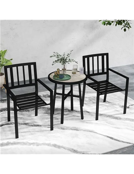Outsunny 3 Piece Patio Bistro Set with Plastic Top, 2 Stackable Chairs, Galvanised Steel Frame, Grey