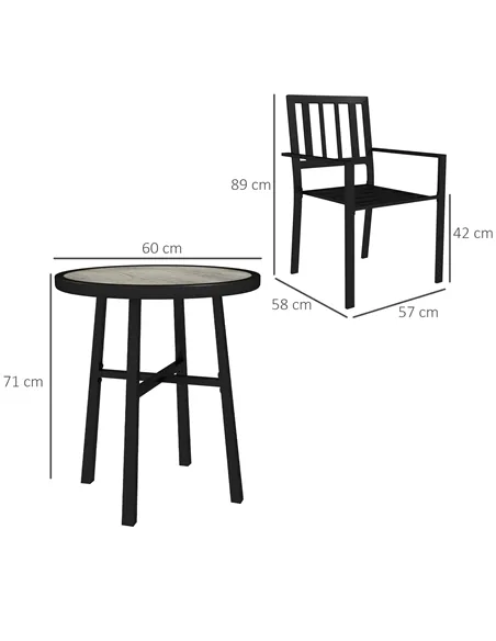 Outsunny 3 Piece Patio Bistro Set with Plastic Top, 2 Stackable Chairs, Galvanised Steel Frame, Grey