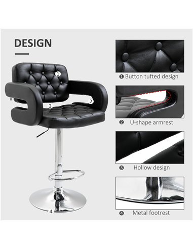 HOMCOM PU Leather Upholstered Swivel Bar Stool, Height Adjustable with Back, Armrest, Footrest, Black
