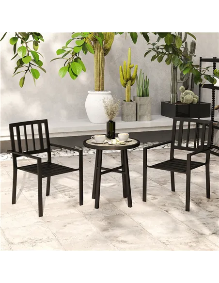 Outsunny 3 Piece Patio Bistro Set with Plastic Top, 2 Stackable Chairs, Galvanised Steel Frame, Grey