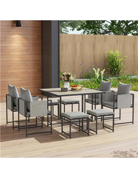 Outsunny Nine-Piece Steel Frame Garden Dining Set - Grey