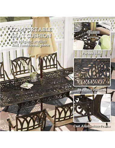 Outsunny Nine-Piece Cast Aluminium Garden Dining Set - Bronze Tone
