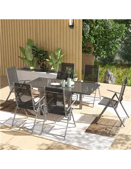 Outsunny 7 Piece Outdoor Dining Set with Extendable Table and 6 Folding Chairs for Patio, Balcony, Deck, Grey