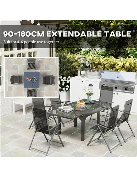 Outsunny 7 Piece Outdoor Dining Set with Extendable Table and 6 Folding Chairs for Patio, Balcony, Deck, Grey