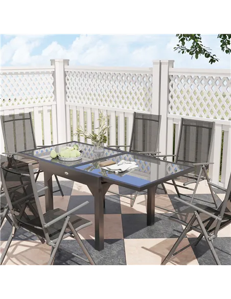 Outsunny 7 Piece Outdoor Dining Set with Extendable Table and 6 Folding Chairs for Patio, Balcony, Deck, Grey