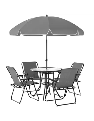 Outsunny 4 Seater Garden Furniture Set, 6 Pieces Garden Table and Chairs with Parasol, Outdoor Garden Dining Set with Folding Ch