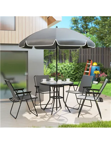 Outsunny 4 Seater Garden Furniture Set, 6 Pieces Garden Table and Chairs with Parasol, Outdoor Garden Dining Set with Folding Ch