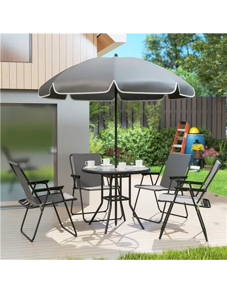 Outsunny 4 Seater Garden Furniture Set, 6 Pieces Garden Table and Chairs with Parasol, Outdoor Garden Dining Set with Folding Ch