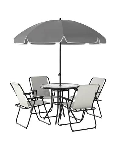 Outsunny 4 Seater Garden Furniture Set, 6 Pieces Garden Table and Chairs with Parasol, Outdoor Garden Dining Set with Folding Ch