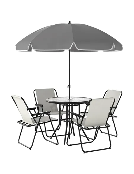 Outsunny 4 Seater Garden Furniture Set, 6 Pieces Garden Table and Chairs with Parasol, Outdoor Garden Dining Set with Folding Ch