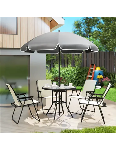 Outsunny 4 Seater Garden Furniture Set, 6 Pieces Garden Table and Chairs with Parasol, Outdoor Garden Dining Set with Folding Ch