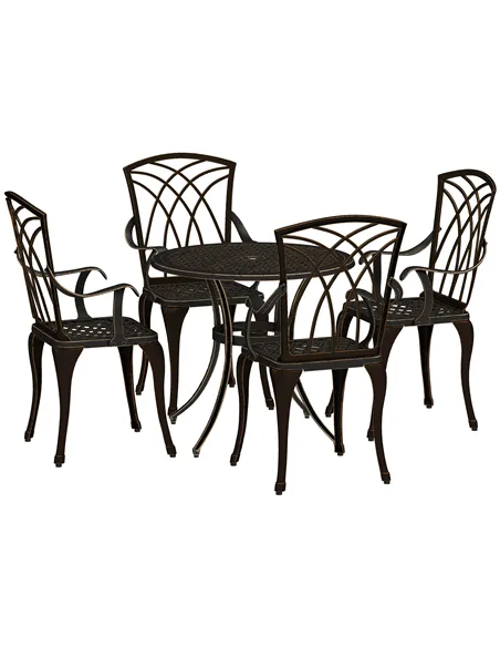 Outsunny 5 Pieces Garden Dining Set for 4, Cast Aluminium Outdoor Dining Set with 4 Armchairs and Round Dining Table with Paraso