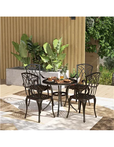 Outsunny 5 Pieces Garden Dining Set for 4, Cast Aluminium Outdoor Dining Set with 4 Armchairs and Round Dining Table with Paraso