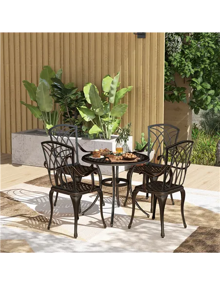 Outsunny 5 Pieces Garden Dining Set for 4, Cast Aluminium Outdoor Dining Set with 4 Armchairs and Round Dining Table with Paraso