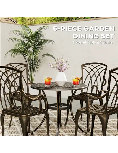 Outsunny 5 Pieces Garden Dining Set for 4, Cast Aluminium Outdoor Dining Set with 4 Armchairs and Round Dining Table with Paraso
