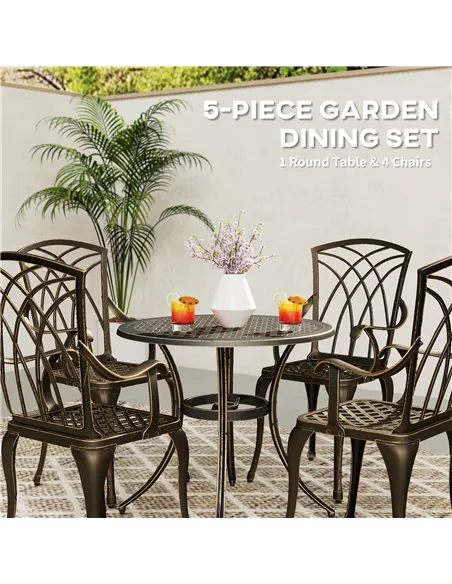 Outsunny 5 Pieces Garden Dining Set for 4, Cast Aluminium Outdoor Dining Set with 4 Armchairs and Round Dining Table with Paraso
