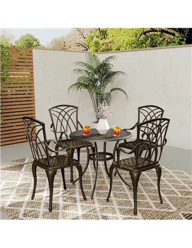 Outsunny 5 Pieces Garden Dining Set for 4, Cast Aluminium Outdoor Dining Set with 4 Armchairs and Round Dining Table with Paraso