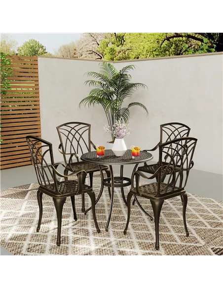 Outsunny 5 Pieces Garden Dining Set for 4, Cast Aluminium Outdoor Dining Set with 4 Armchairs and Round Dining Table with Paraso